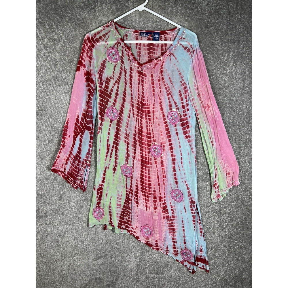 Phool Beaded Embroidered Tie Dye Sheer Asymmetrical Tunic Top Womens Small Boho